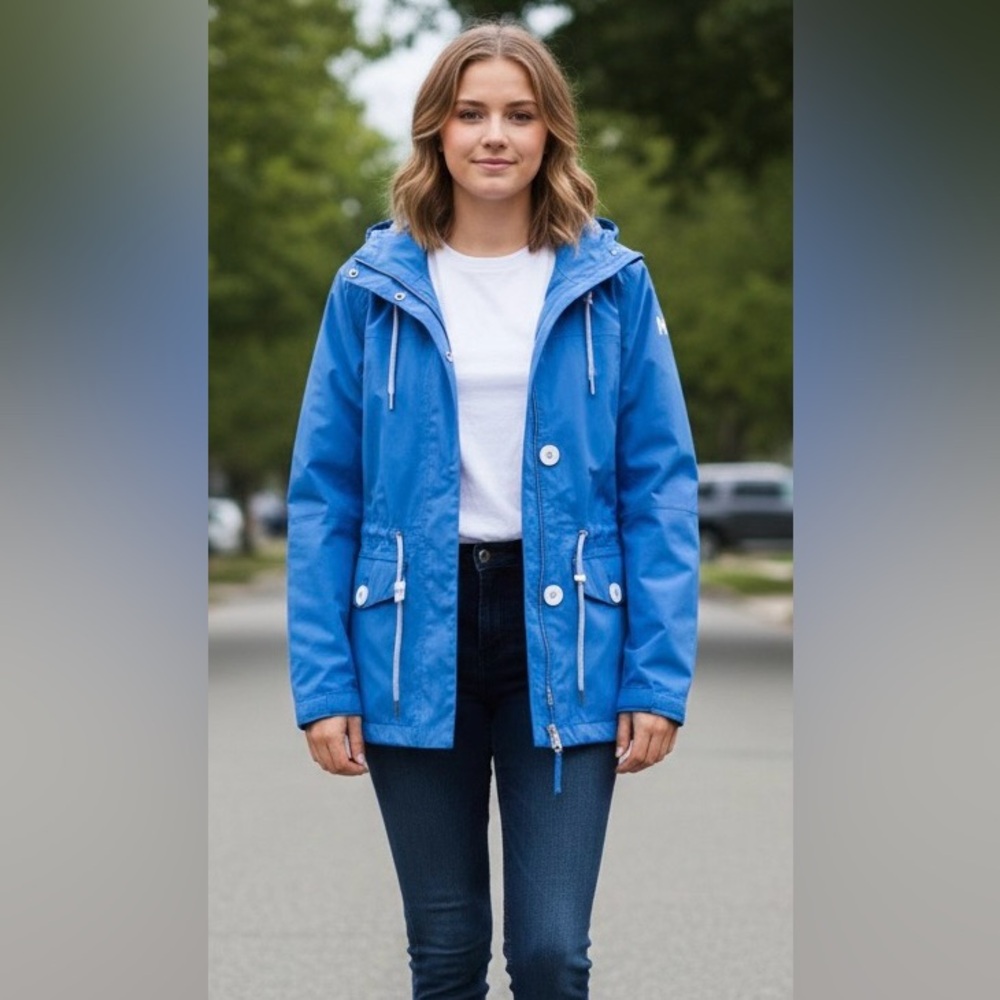 Helly Hansen Women's Blue Hooded Jacket, drawstring, zipper closure, HH Logo, SP